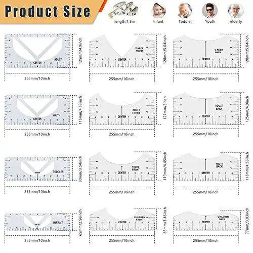 12 Piezas de herramientas de alineación de camisetas, guía de regla transparente, herramienta de regla de centrado de sublimación con 1 cinta métrica suave de 150 cm para suministros de diseño de tela QUOTRE