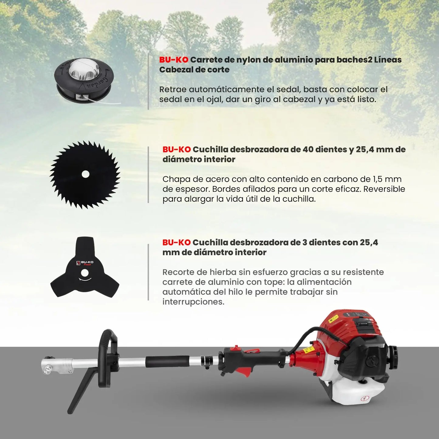52cc Herramienta de jardín Multifuncional de Gasolina de Largo Alcance Que Incluye: Hedge Trimmer, Pruner Chainsaw, Cortador de Pincel con línea de Recorte Grueso de 2.4mm y Poste de extensión BU-KO