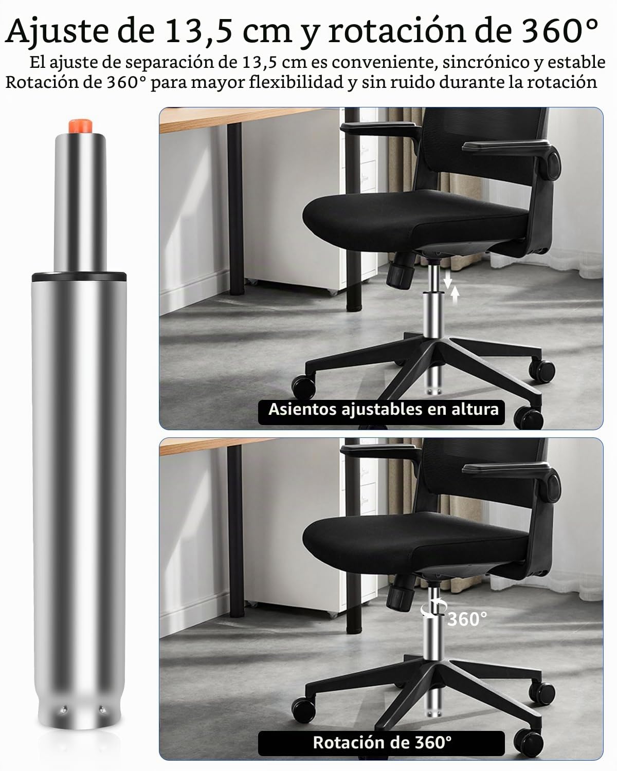 FAOKZE Cilindro de Gas para Silla de Oficina,Pistón de Acero de Repuesto, Pistón a Gas para Silla de Oficina,270 mm-390 mm Longitud Total, para sillas Gaming, con 5 Ruedas universales, Plata