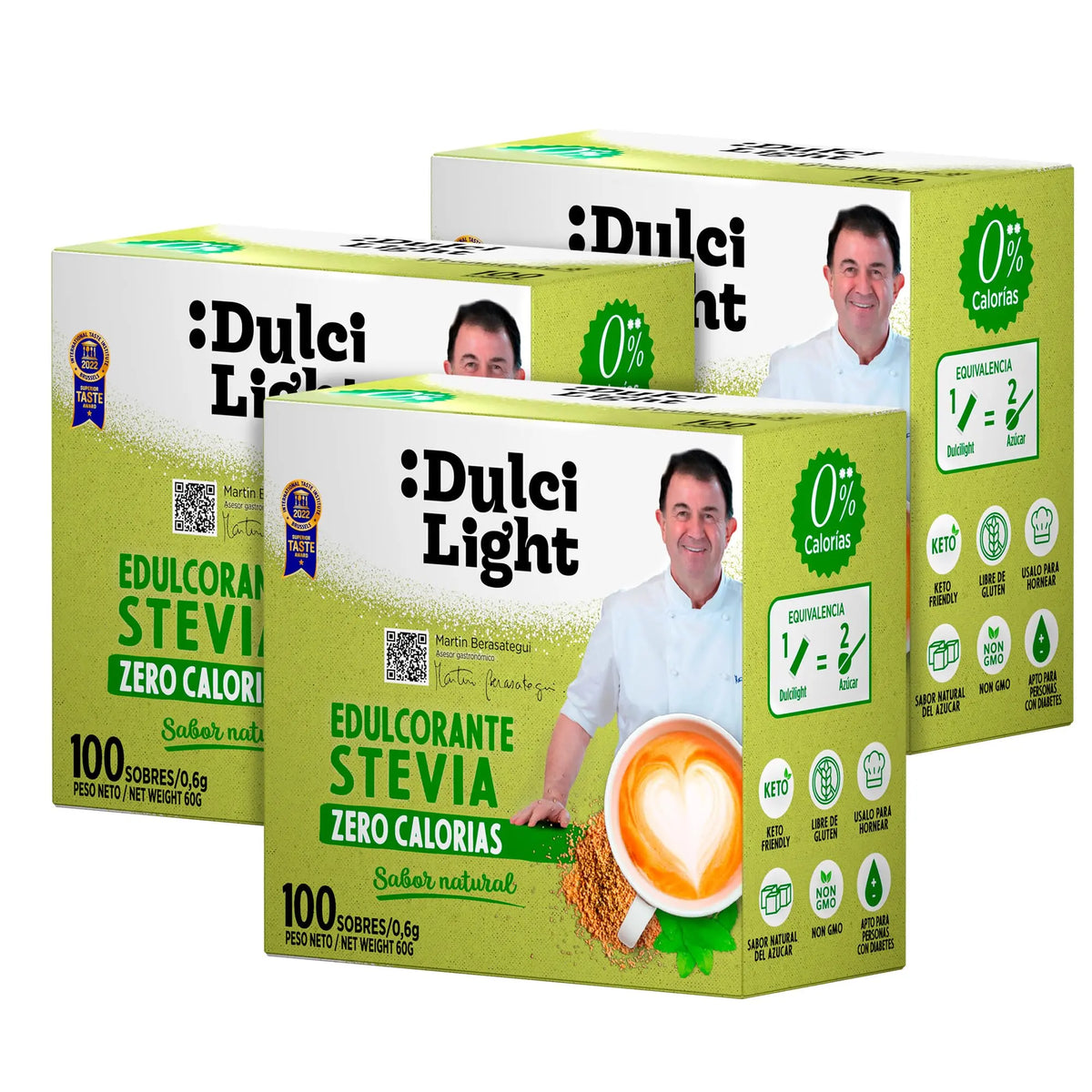 Dulcilight Estevia Granulada - 300 Sobres de Stevia 100% Sabor Natural Zero Calorías 1 sobre = 2 cdas de Azúcar Edulcorante Sustituto del Azúcar con Fibra Vegetal No GMO Keto Vegano Libre de Gluten DULCI LIGHT DULCE Y FAVORABLE