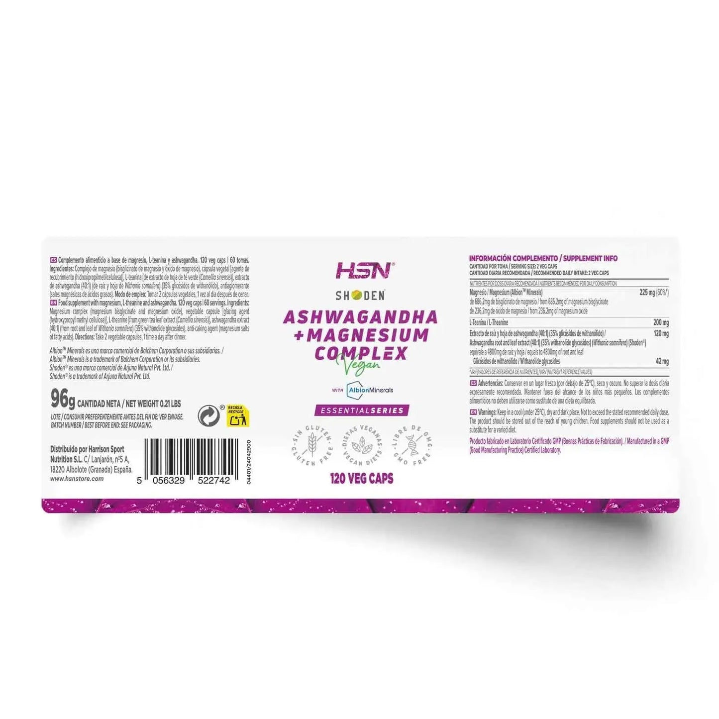 HSN Ashwagandha Shoden® + Magnesio Albion™ Minerals | 120 Cápsulas Vegetales | Complejo Extracto de Ashwagandha + Magnesio Quelado + L-Teanina Natural HSN
