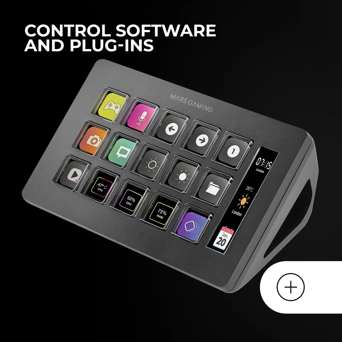 Mars Gaming MSD-ONE, Control Deck Slim, 15 Teclas LCD Personalizables, Pantalla LCD Ampliada, Software de Control y Plug-ins, Control Deck Compacto con Diseño Slim Ergonómico, Windows y MacOS, Negro Mars Gaming
