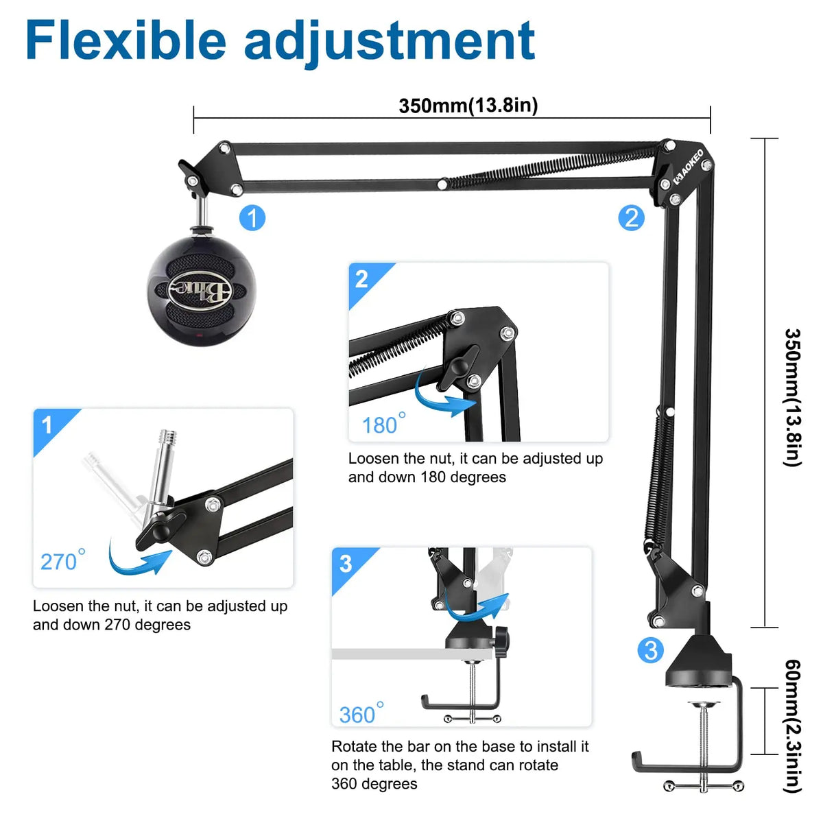 Soporte de Micrófono,Aokeo AK-35 Brazo de Micrófono ajustable negro Profesional para Micrófono de HyperX QuadCast,Blue Yeti,Blue Snowball,Etc Aokeo