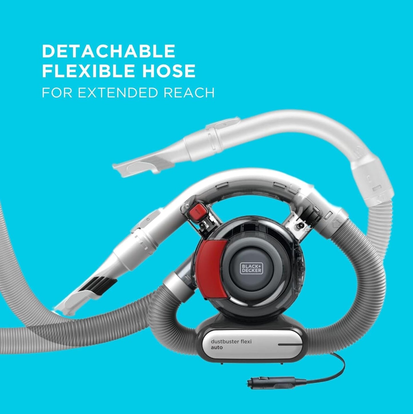 Black+Decker Aspiradora de Mano sin Bolsa para Coche con Manguera Flexi y conexión para Coche de 12V, Incluye Boquilla para hendiduras y Cepillo para tapicería