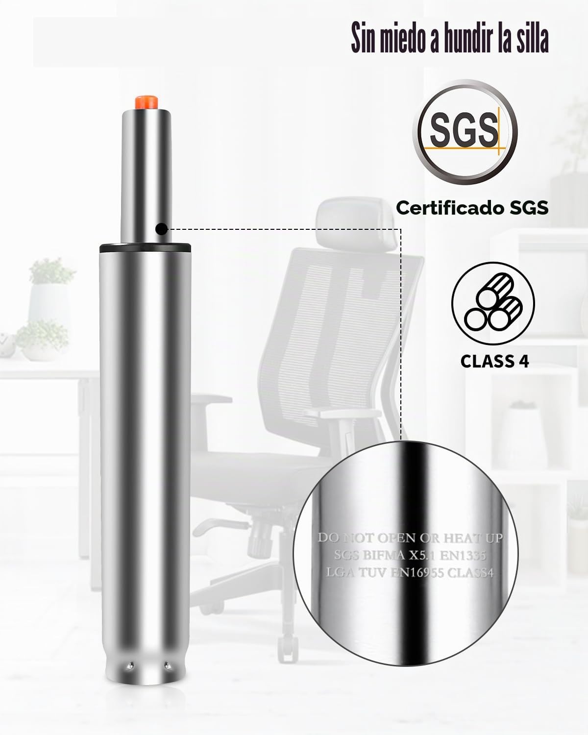 FAOKZE Cilindro de Gas para Silla de Oficina,Pistón de Acero de Repuesto, Pistón a Gas para Silla de Oficina,270 mm-390 mm Longitud Total, para sillas Gaming, con 5 Ruedas universales, Plata