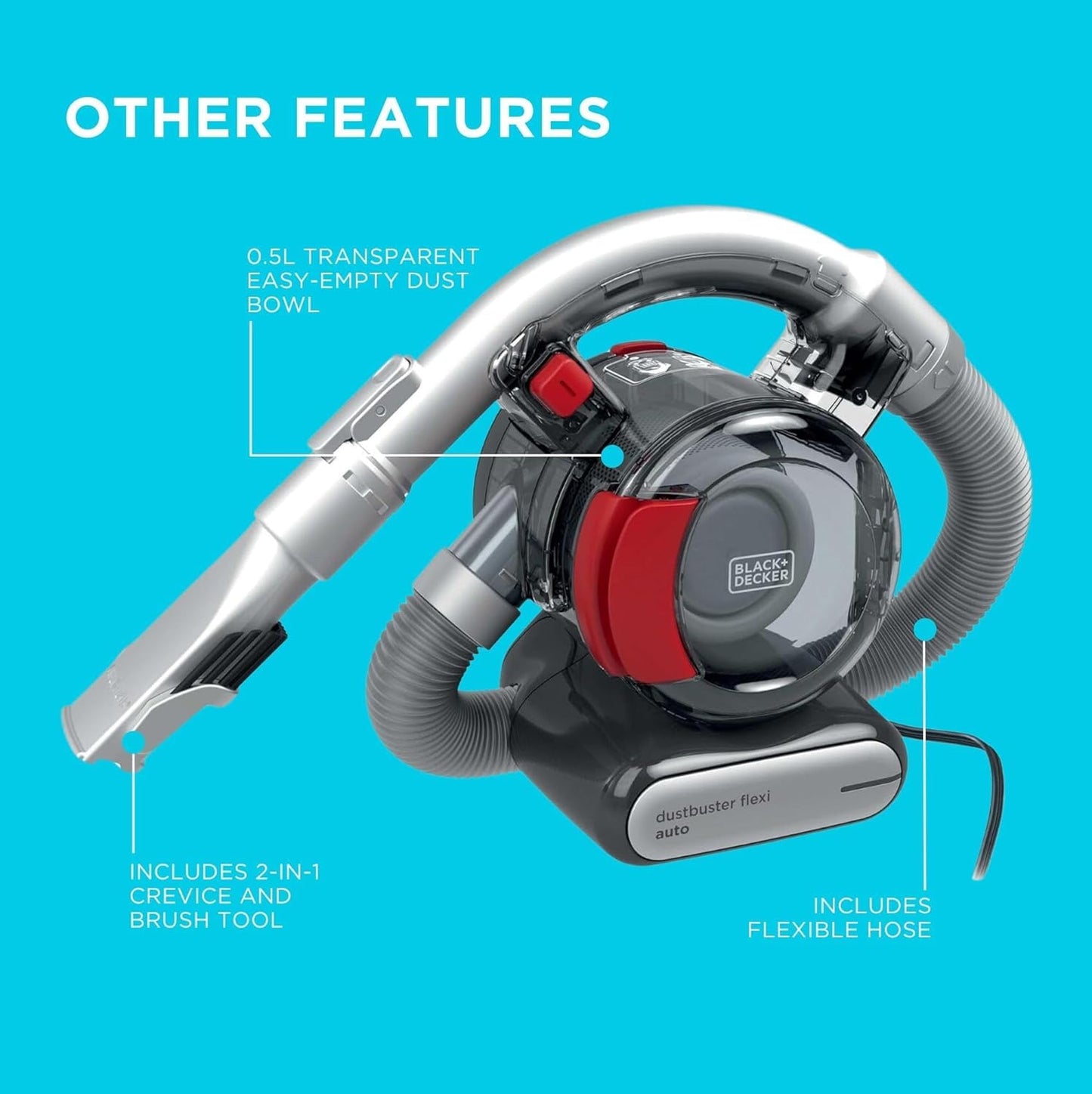 Black+Decker Aspiradora de Mano sin Bolsa para Coche con Manguera Flexi y conexión para Coche de 12V, Incluye Boquilla para hendiduras y Cepillo para tapicería