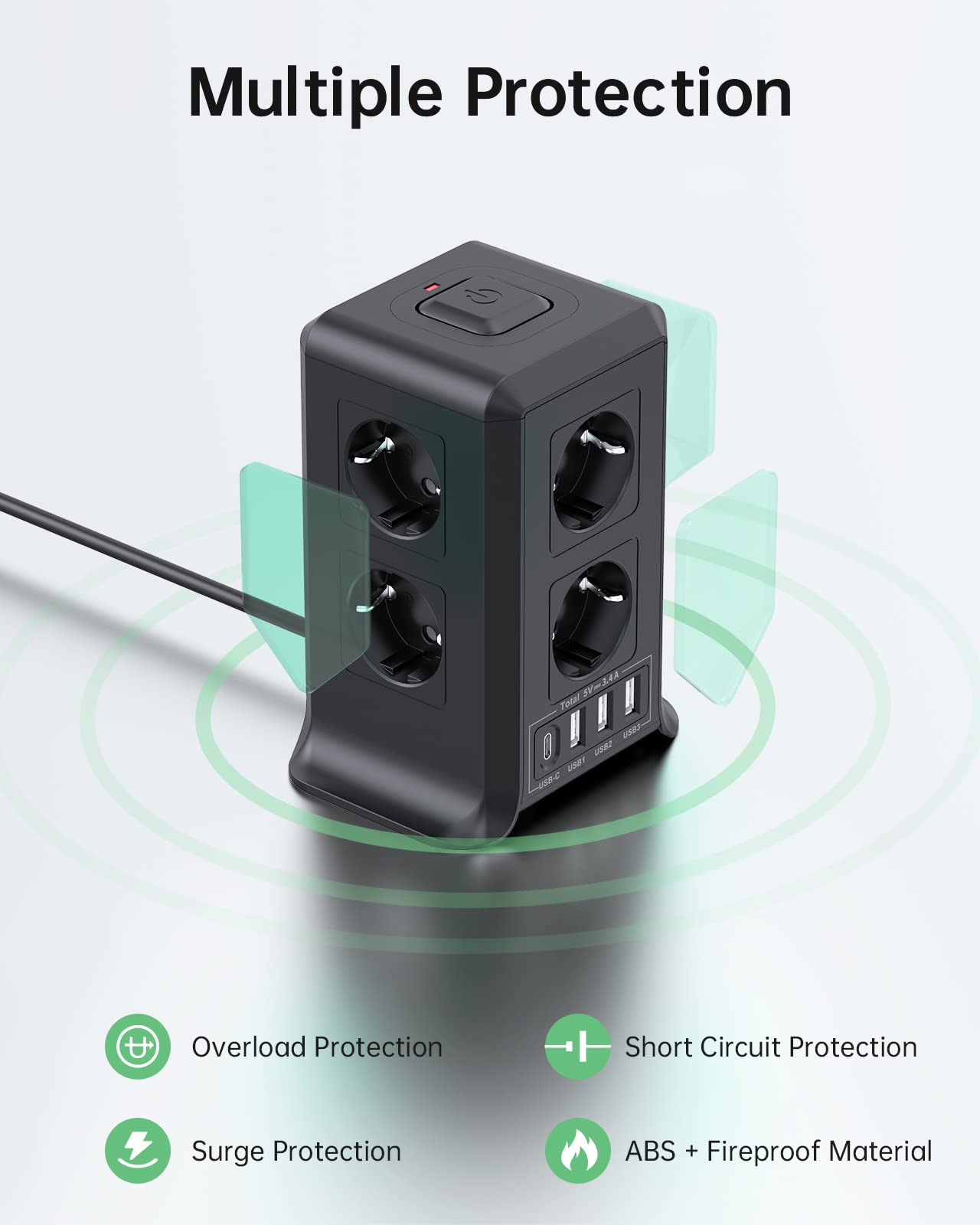 Regleta USB 8 Tomas de AC y 4 USB Enchufe Múltiple, 2500W/10A,Regleta Enchufes Protección Sobretensión, 2M Regletas Vertical con Interruptor para Mesa - SacrificioShop