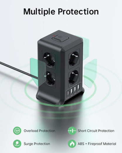 Regleta USB 8 Tomas de AC y 4 USB Enchufe Múltiple, 2500W/10A,Regleta Enchufes Protección Sobretensión, 2M Regletas Vertical con Interruptor para Mesa - SacrificioShop
