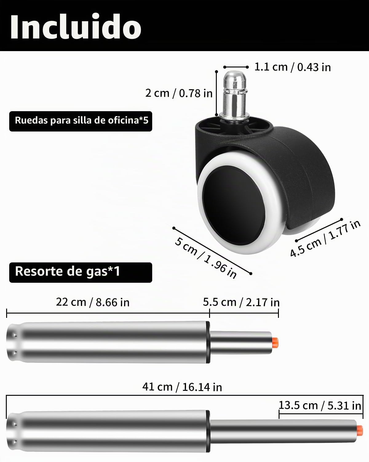 FAOKZE Cilindro de Gas para Silla de Oficina,Pistón de Acero de Repuesto, Pistón a Gas para Silla de Oficina,270 mm-390 mm Longitud Total, para sillas Gaming, con 5 Ruedas universales, Plata