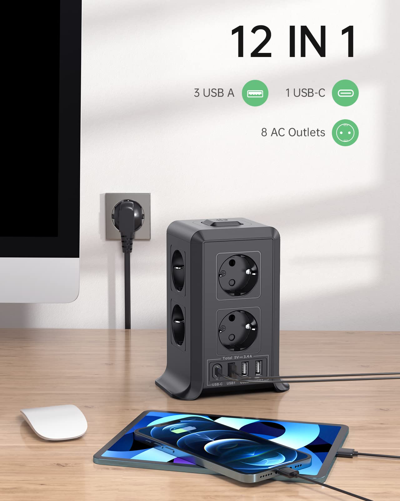 Regleta USB 8 Tomas de AC y 4 USB Enchufe Múltiple, 2500W/10A,Regleta Enchufes Protección Sobretensión, 2M Regletas Vertical con Interruptor para Mesa - SacrificioShop