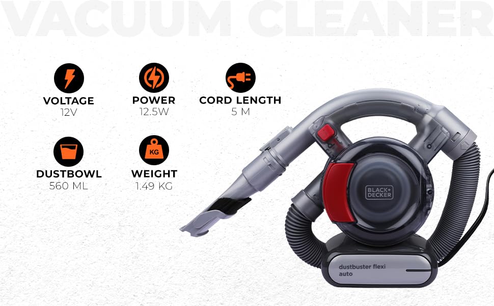 Black+Decker Aspiradora de Mano sin Bolsa para Coche con Manguera Flexi y conexión para Coche de 12V, Incluye Boquilla para hendiduras y Cepillo para tapicería