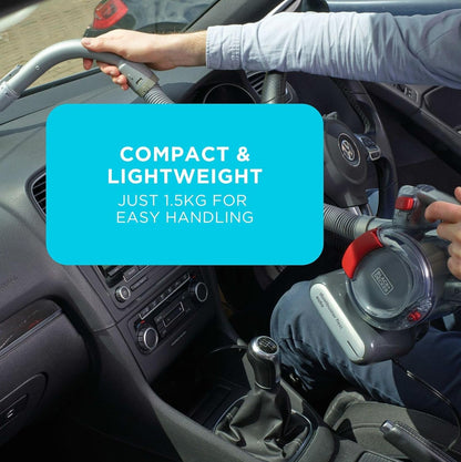 Black+Decker Aspiradora de Mano sin Bolsa para Coche con Manguera Flexi y conexión para Coche de 12V, Incluye Boquilla para hendiduras y Cepillo para tapicería