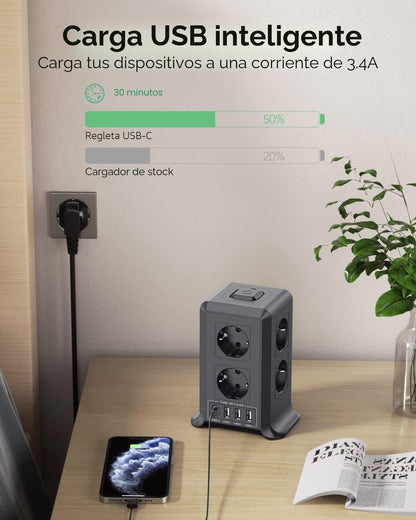 Regleta USB 8 Tomas de AC y 4 USB Enchufe Múltiple, 2500W/10A,Regleta Enchufes Protección Sobretensión, 2M Regletas Vertical con Interruptor para Mesa - SacrificioShop