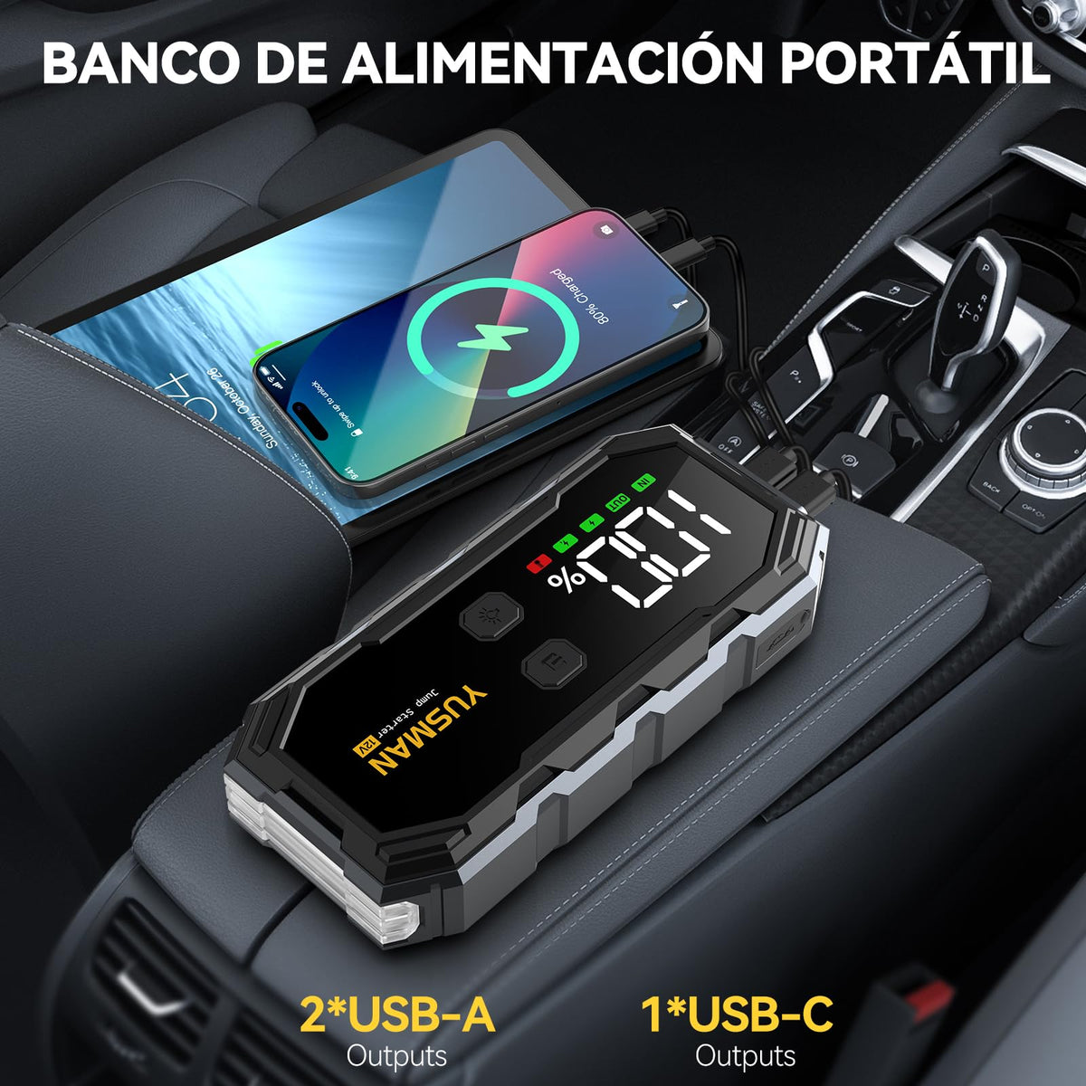 Arrancador portátil YUSMAN 12 V con pantalla LCD y linterna LED
