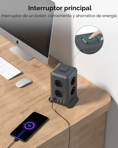 Regleta USB 8 Tomas de AC y 4 USB Enchufe Múltiple, 2500W/10A,Regleta Enchufes Protección Sobretensión, 2M Regletas Vertical con Interruptor para Mesa - SacrificioShop