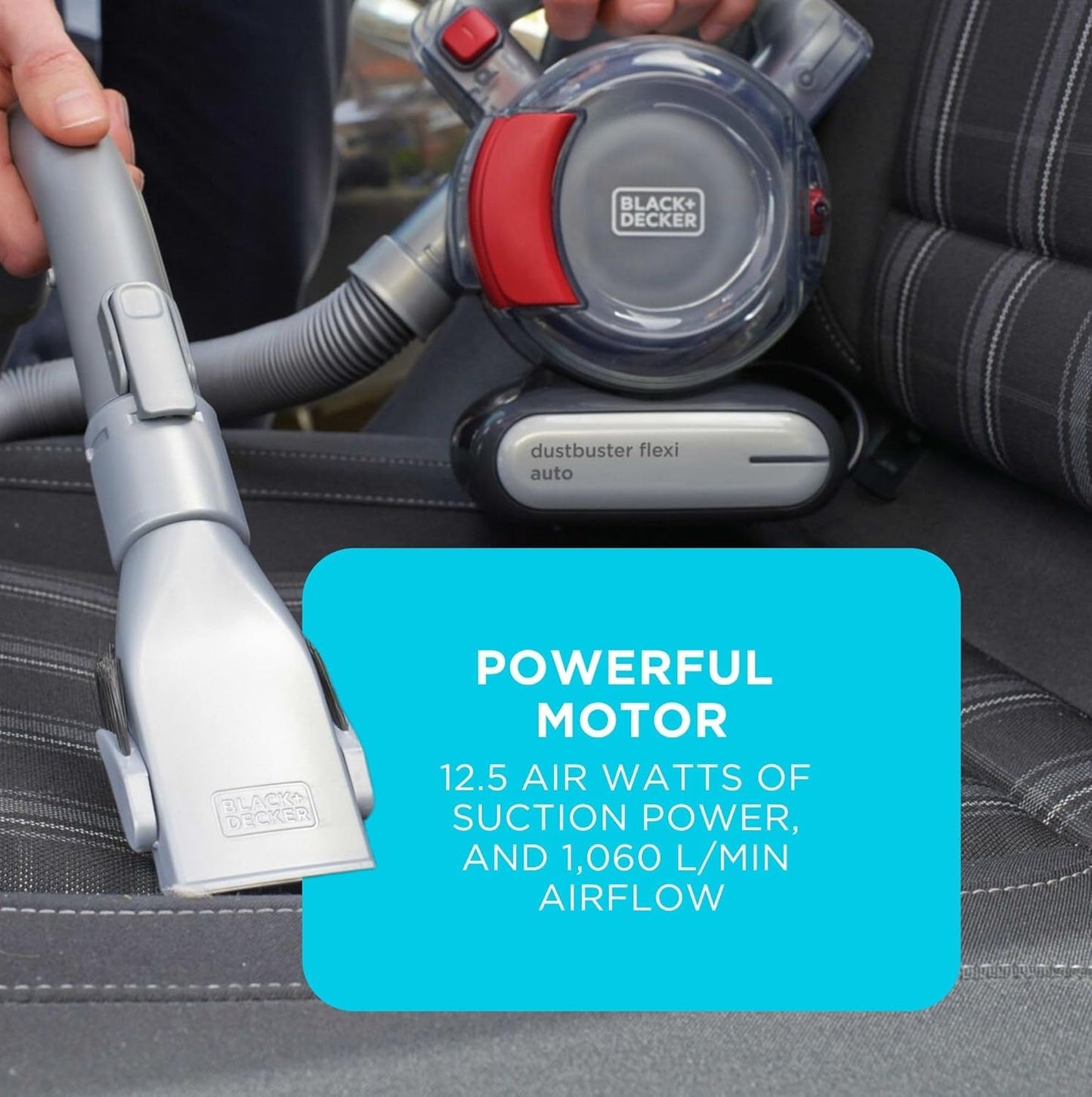 Black+Decker Aspiradora de Mano sin Bolsa para Coche con Manguera Flexi y conexión para Coche de 12V, Incluye Boquilla para hendiduras y Cepillo para tapicería