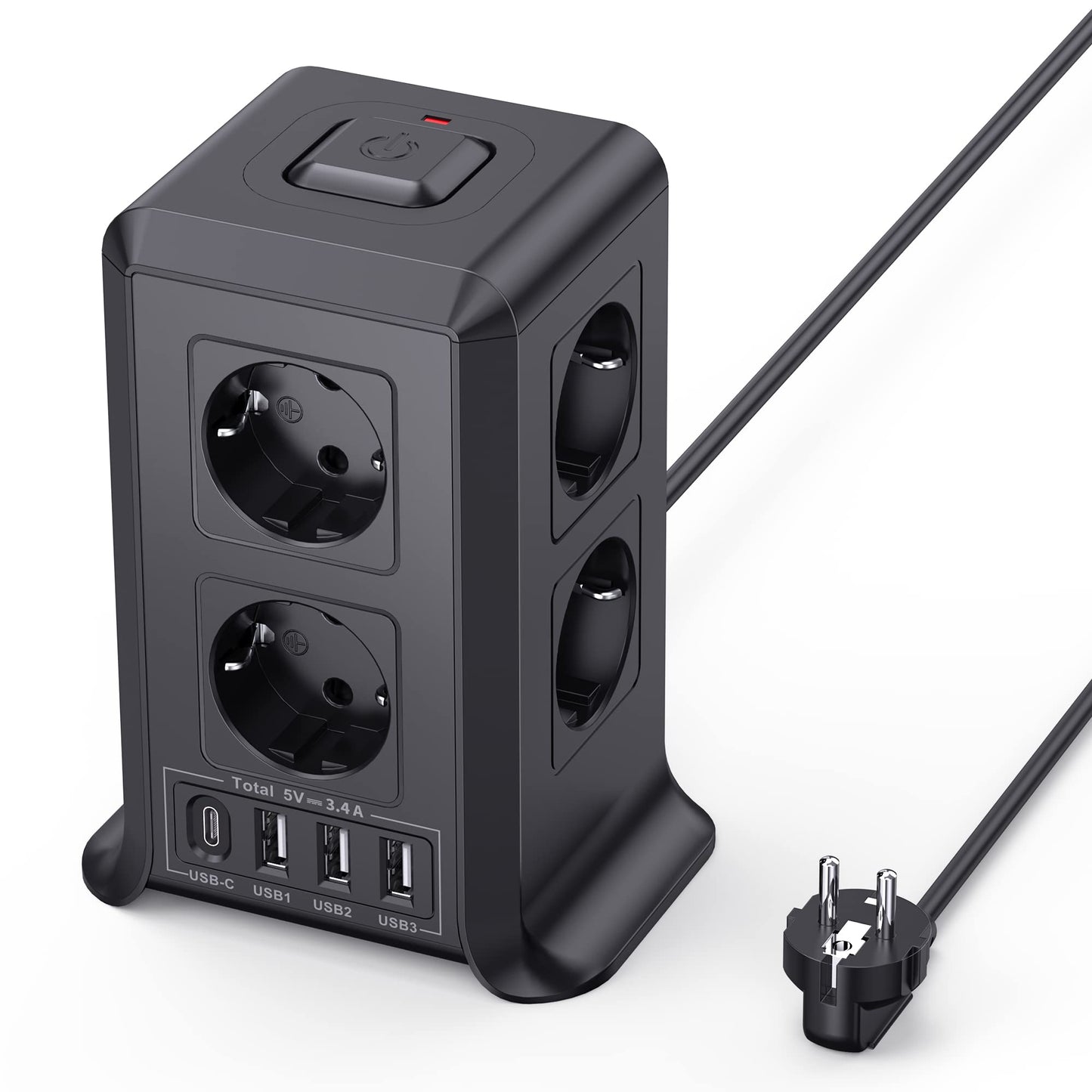 Regleta USB 8 Tomas de AC y 4 USB Enchufe Múltiple, 2500W/10A,Regleta Enchufes Protección Sobretensión, 2M Regletas Vertical con Interruptor para Mesa - SacrificioShop