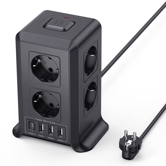 Regleta USB 8 Tomas de AC y 4 USB Enchufe Múltiple, 2500W/10A,Regleta Enchufes Protección Sobretensión, 2M Regletas Vertical con Interruptor para Mesa - SacrificioShop