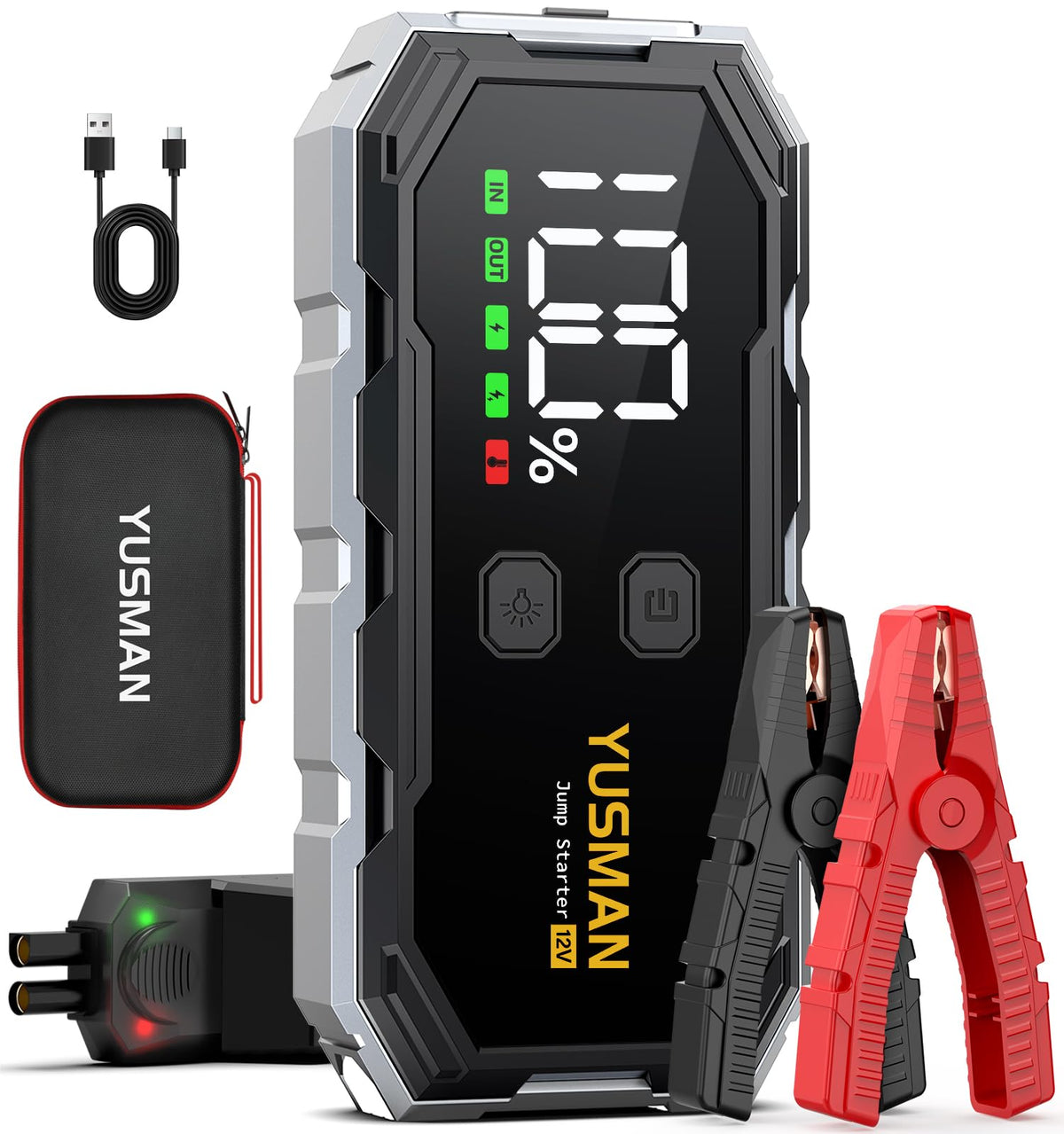 Arrancador portátil YUSMAN 12 V con pantalla LCD y linterna LED