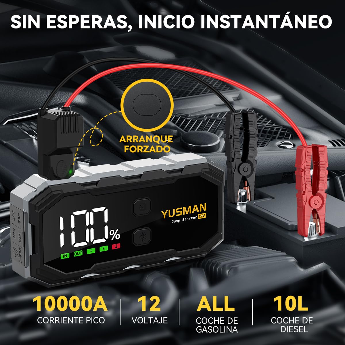 Arrancador portátil YUSMAN 12 V con pantalla LCD y linterna LED