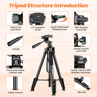Nineigh 190cm Trípode Cámara, Trípode para Móvil con Columna Central Transversal, Ligero Trípode de Aluminio - SacrificioShop