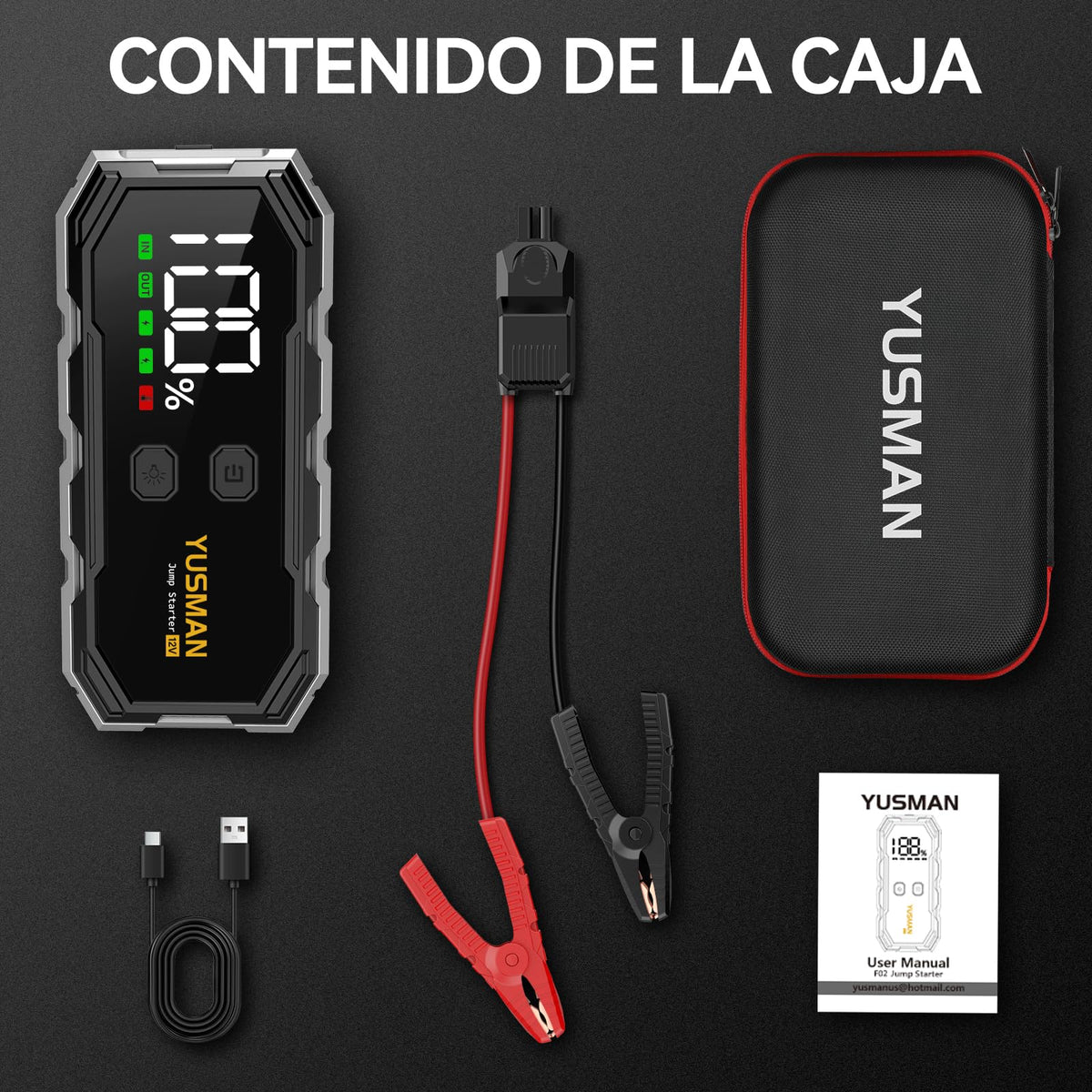 Arrancador portátil YUSMAN 12 V con pantalla LCD y linterna LED