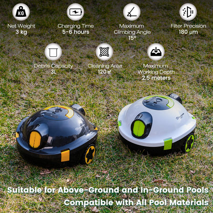 EVERCROSS BOT Robot Limpia fondos Piscina sin Cable - 100 Min Autonomía, Limpiador Automático de Fondo, Doble Motor 40W para Piscinas hasta 120㎡, Filtro 180μm, Depósito 3L, IPX8
