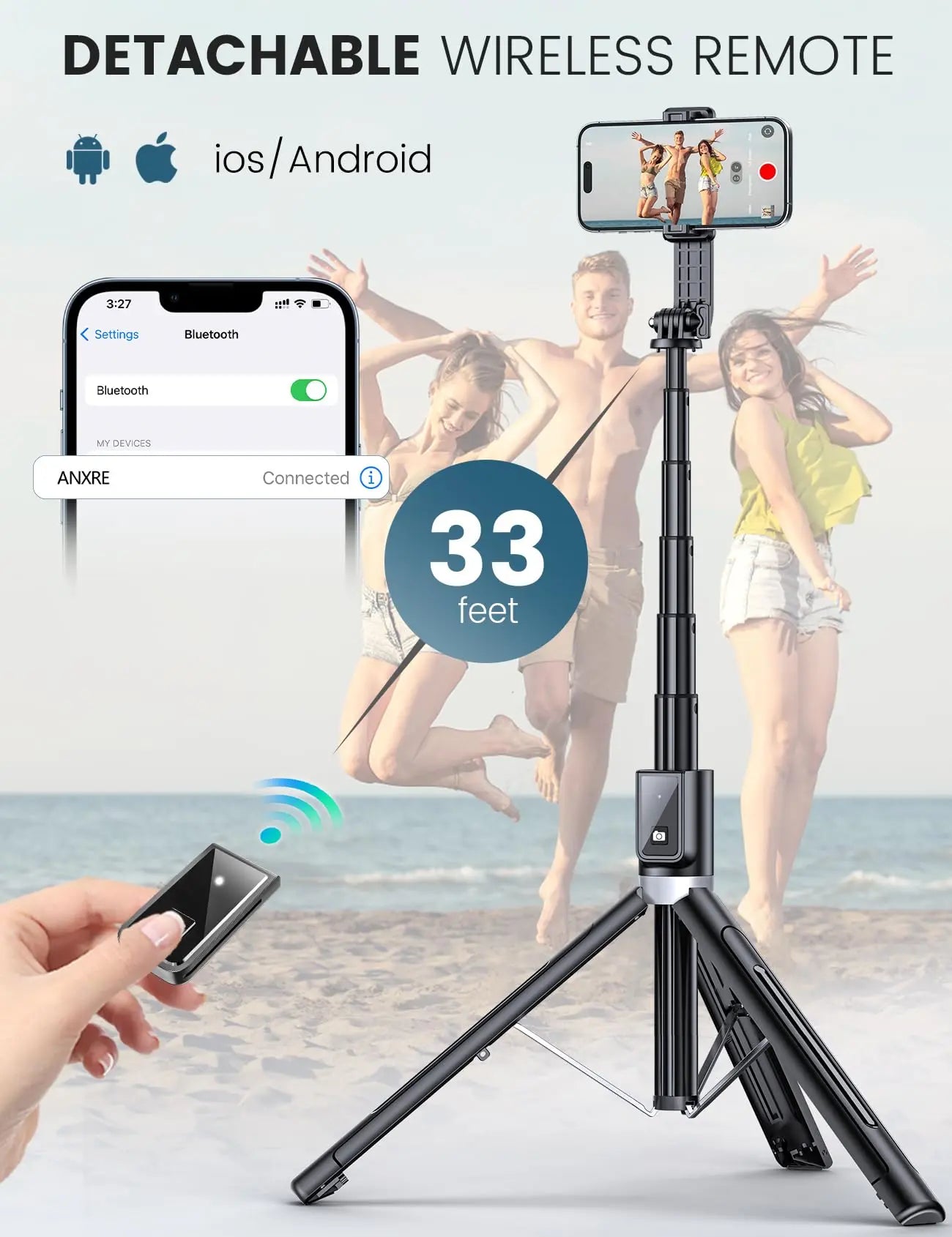 ANXRE Palo Selfie - 150CM Tripode para Movil con Control Remoto Desmontable para Teléfono Móvil, Compatible con iPhone 14 13 12 11 Pro XS MAX XR, Android, GoPro ANXRE