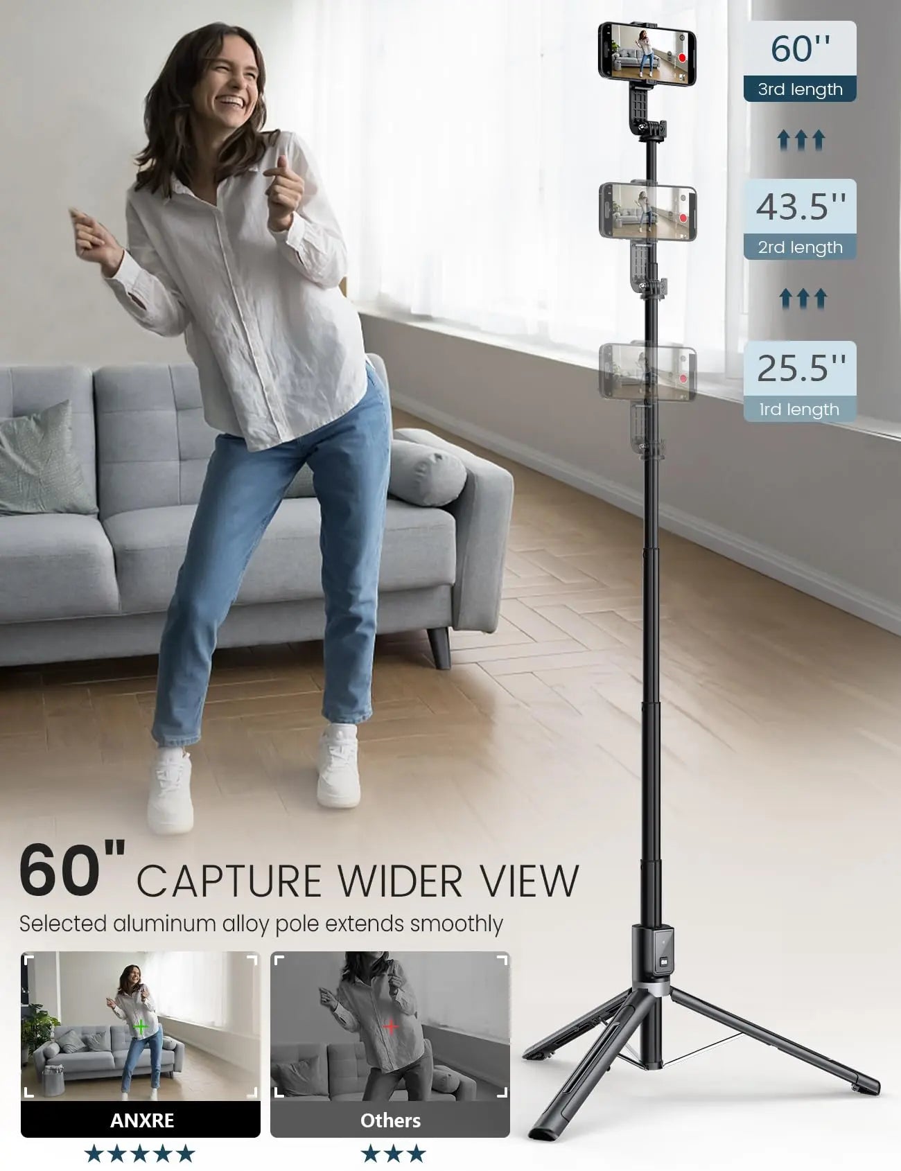 ANXRE Palo Selfie - 150CM Tripode para Movil con Control Remoto Desmontable para Teléfono Móvil, Compatible con iPhone 14 13 12 11 Pro XS MAX XR, Android, GoPro ANXRE