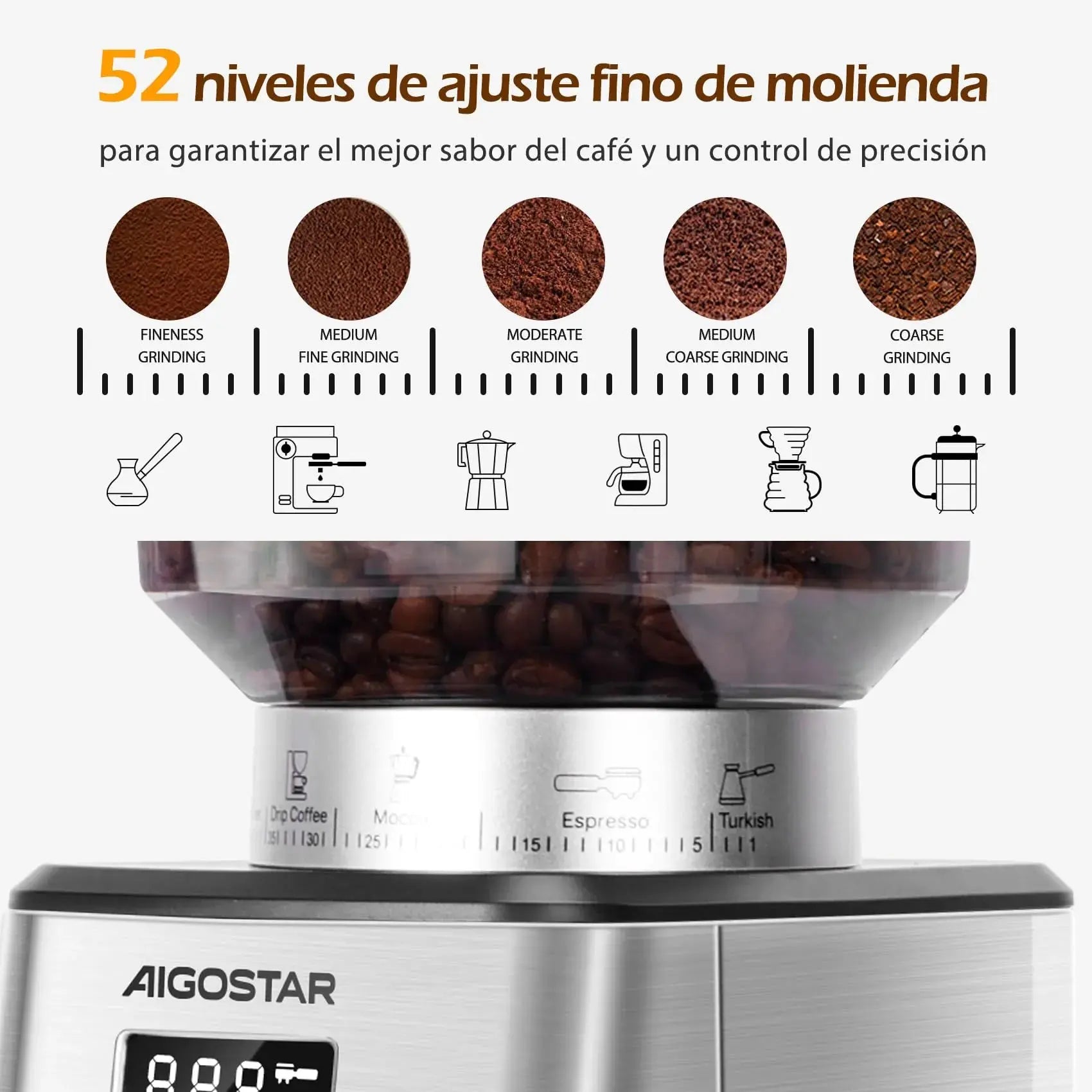 Aigostar Molinillo de Café Eléctrico con 52 Ajustes de Molido Molinillo Café de Cono Aigostar