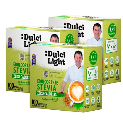 Dulcilight Estevia Granulada - 300 Sobres de Stevia 100% Sabor Natural Zero Calorías 1 sobre = 2 cdas de Azúcar Edulcorante Sustituto del Azúcar con Fibra Vegetal No GMO Keto Vegano Libre de Gluten DULCI LIGHT DULCE Y FAVORABLE