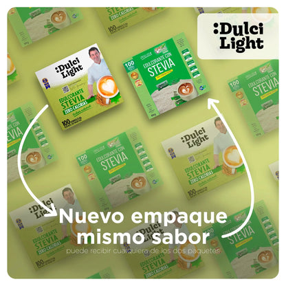 Dulcilight Estevia Granulada - 300 Sobres de Stevia 100% Sabor Natural Zero Calorías 1 sobre = 2 cdas de Azúcar Edulcorante Sustituto del Azúcar con Fibra Vegetal No GMO Keto Vegano Libre de Gluten DULCI LIGHT DULCE Y FAVORABLE