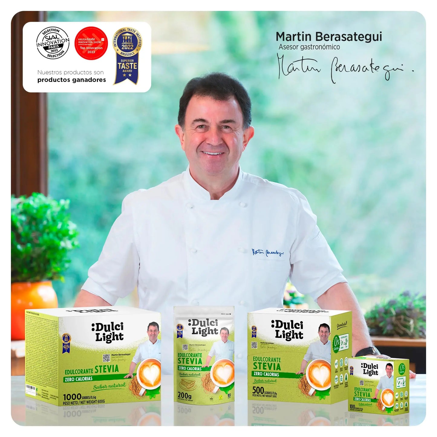 Dulcilight Estevia Granulada - 300 Sobres de Stevia 100% Sabor Natural Zero Calorías 1 sobre = 2 cdas de Azúcar Edulcorante Sustituto del Azúcar con Fibra Vegetal No GMO Keto Vegano Libre de Gluten DULCI LIGHT DULCE Y FAVORABLE