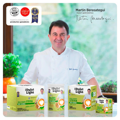 Dulcilight Estevia Granulada - 300 Sobres de Stevia 100% Sabor Natural Zero Calorías 1 sobre = 2 cdas de Azúcar Edulcorante Sustituto del Azúcar con Fibra Vegetal No GMO Keto Vegano Libre de Gluten DULCI LIGHT DULCE Y FAVORABLE