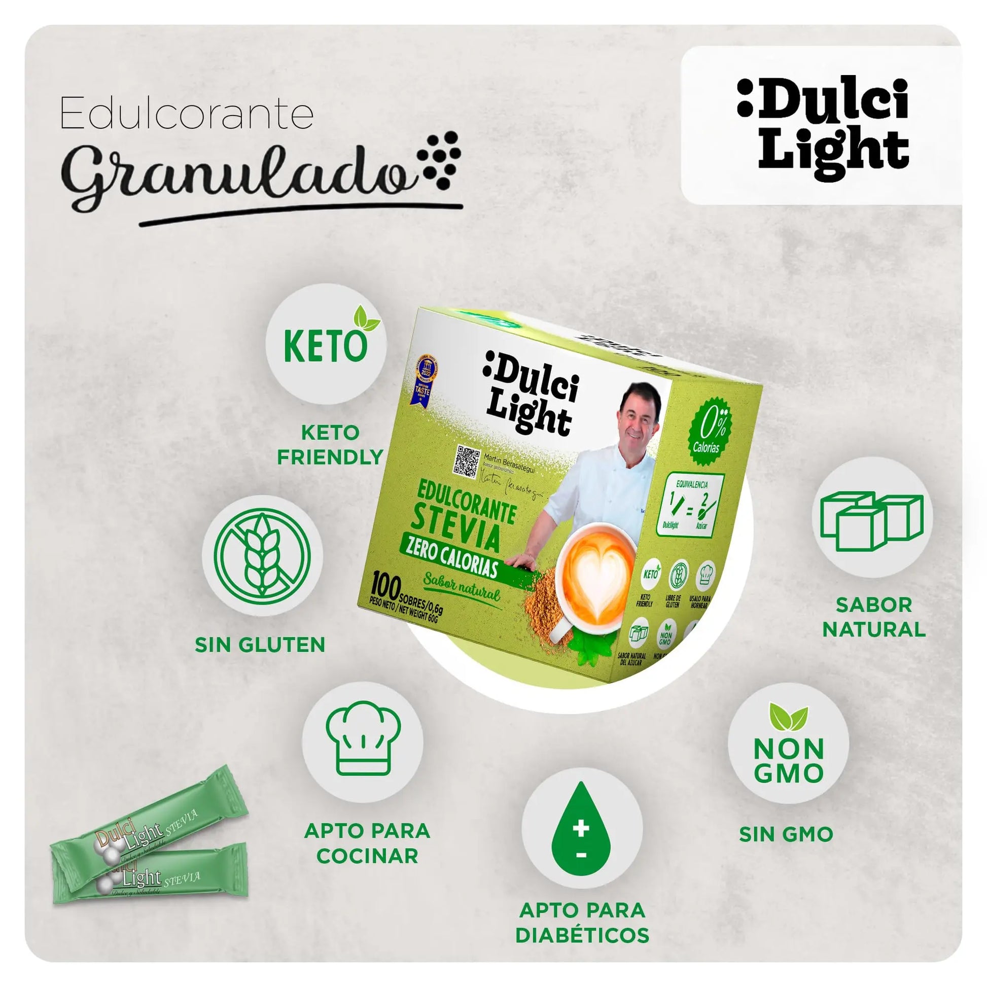 Dulcilight Estevia Granulada - 300 Sobres de Stevia 100% Sabor Natural Zero Calorías 1 sobre = 2 cdas de Azúcar Edulcorante Sustituto del Azúcar con Fibra Vegetal No GMO Keto Vegano Libre de Gluten DULCI LIGHT DULCE Y FAVORABLE