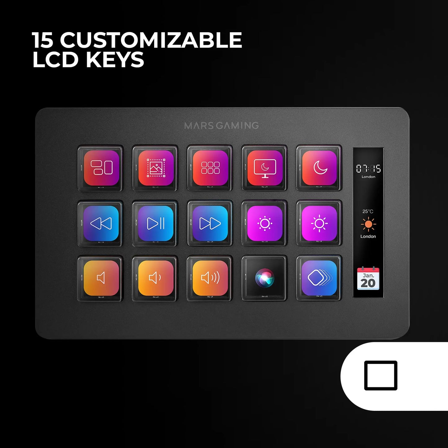 Mars Gaming MSD-ONE, Control Deck Slim, 15 Teclas LCD Personalizables, Pantalla LCD Ampliada, Software de Control y Plug-ins, Control Deck Compacto con Diseño Slim Ergonómico, Windows y MacOS, Negro Mars Gaming