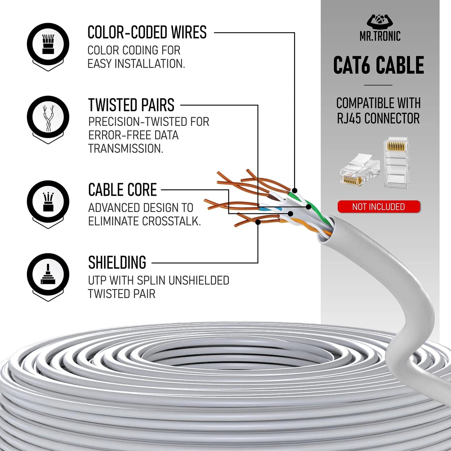 Mr. Tronic Granel Cable Ethernet Cat 6 De 100m, Bulk Cable de Red LAN Para Internet Rápida & Fiable - AWG24 Cat6 a Granel, 1 Gbps Internet 250 MHz UTP CCA (100 Metros, Gris) Mr. Tronic