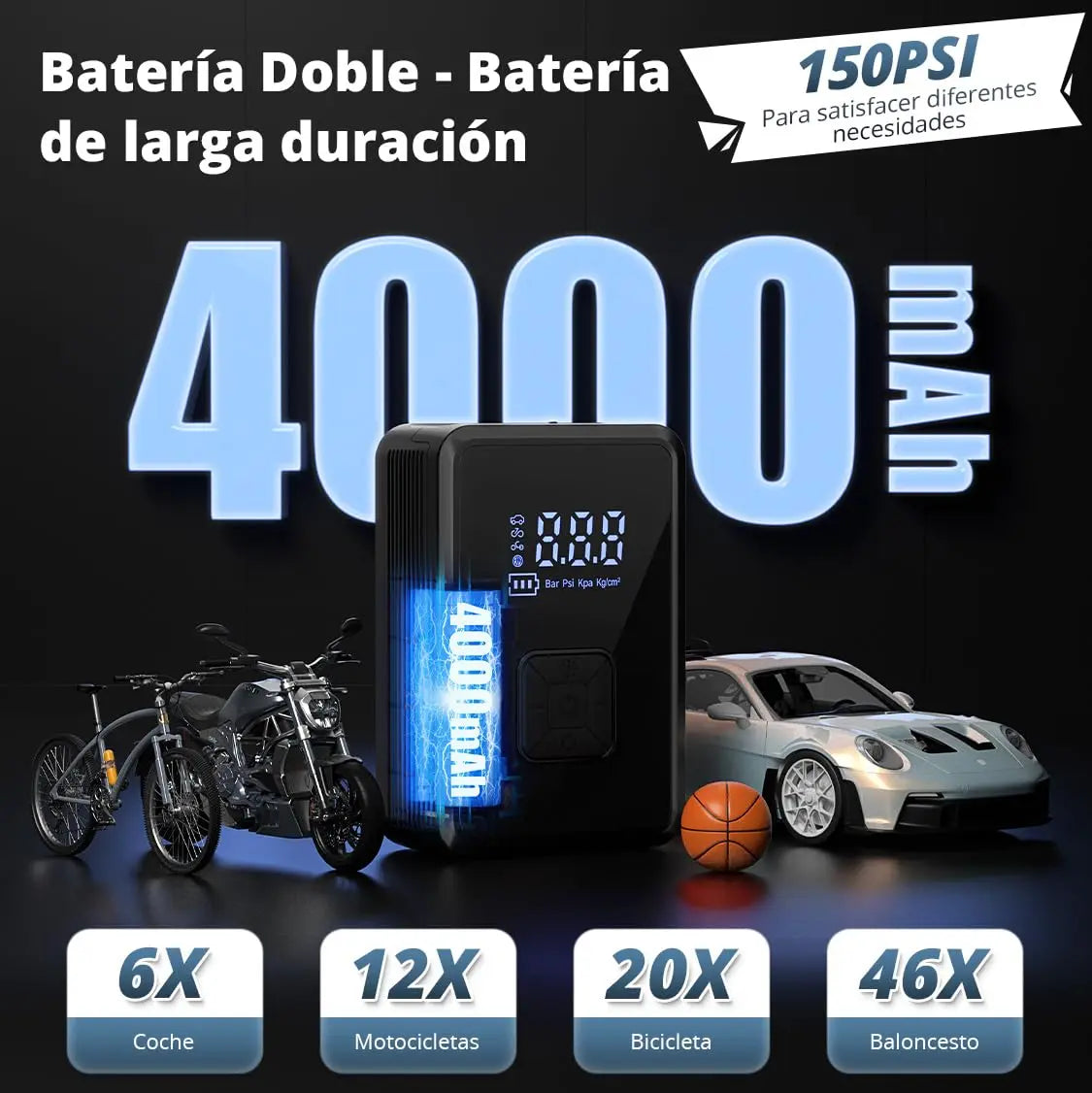 Oasser Inflador de neumáticos inalámbrico, compresor de aire, bomba de neumáticos de coche, 150 PSI, luz LED para coche, bicicleta, motocicleta, pelota Oasser