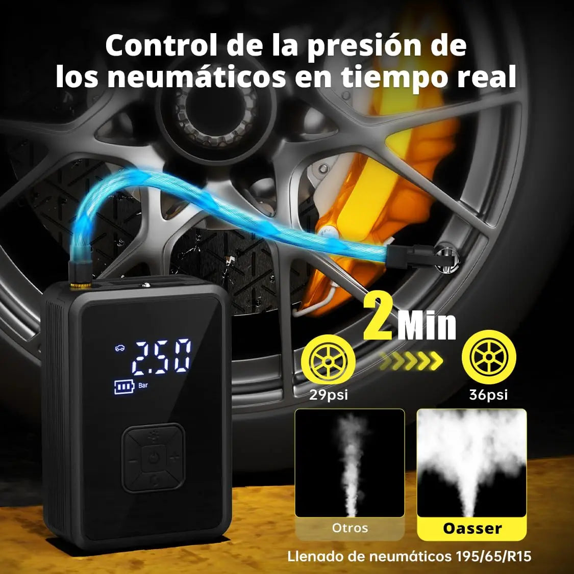 Oasser Inflador de neumáticos inalámbrico, compresor de aire, bomba de neumáticos de coche, 150 PSI, luz LED para coche, bicicleta, motocicleta, pelota Oasser