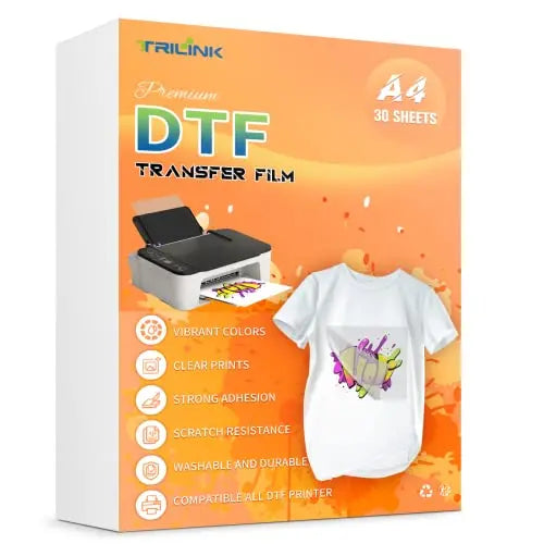 TRILINK DTF - Papel de película de Transferencia A4 (8.5 x 11 Pulgadas), 30 Hojas, Hojas de pretratamiento Transparente Mate de Doble Cara de… TRILINK