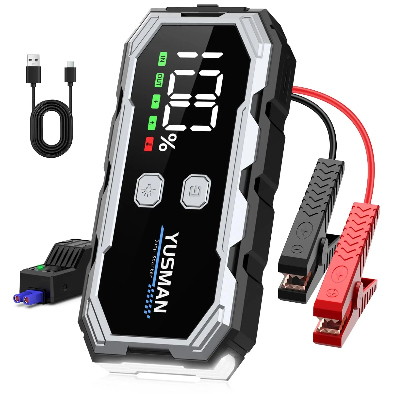 YUSMAN Arrancador de Baterias de Coches, 4500A 12V para 7L de Gasolina o 5L de Diésel, Arrancador Coche Portatil con Pantalla LCD, Jump Starter con 3 Modos LED, Carga Rápid YUSMAN