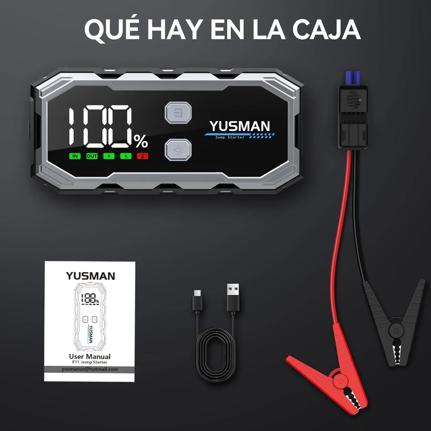 YUSMAN Arrancador de Baterias de Coches, 4500A 12V para 7L de Gasolina o 5L de Diésel, Arrancador Coche Portatil con Pantalla LCD, Jump Starter con 3 Modos LED, Carga Rápid YUSMAN