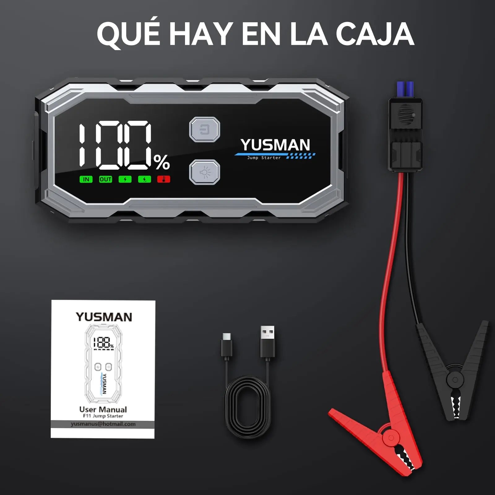 YUSMAN Arrancador de Baterias de Coches, 4500A 12V para 7L de Gasolina o 5L de Diésel, Arrancador Coche Portatil con Pantalla LCD, Jump Starter con 3 Modos LED, Carga Rápid YUSMAN